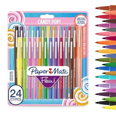Image of Paper Mate Flair Felt Tip Pens Medium Point (0.7 mm) Marker Assorted Candy Pop Colouring For Kids &amp; Adult Colouring, Journalling More 24 Count