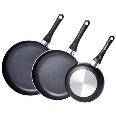 Image of Amazon Basics 3 Piece Non Stick Frying Pan Set, 20 cm, 25 and 30 Variety Pack, Black