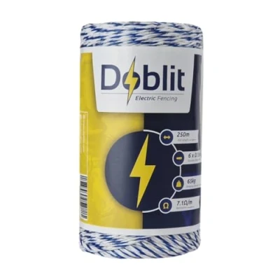 Image of DOBLIT Poly Wire Electric Fencing Conductor 6 Strand 9 Multi Colour Paddock Cattle Sheep Horse Pets Crop Protection Pest Deterrent (Blue and White 250m)