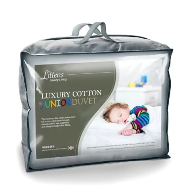 Image of Littens 2.5 Tog Lightweight Breathable Cool 100% Cotton Junior Cot Bed Toddler Baby Hollowfibre Summer Duvet Quilt &amp; Pillow Bedding Bundle (120cm x 150cm 40cm 60cm) UK Made