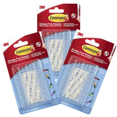 Image of Command Decorating Clips Pack of 20 Mini Hooks and 24 Small Strips x 3 Hanging for Christmas Decorations Fairy Lights, Wall Adhesive Damage Free (3)