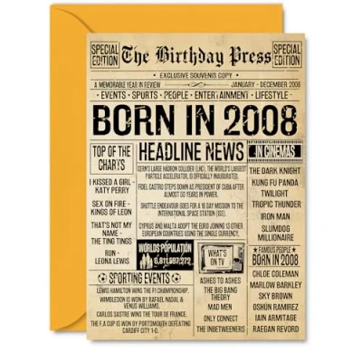 Image of 17th Birthday Card for Boys Girls Bday Press Newspaper 2008 Happy 17 Cards Son Granddaughter Grandson Brother Daughter Sister, A5 Greeting