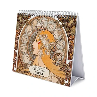 Image of Grupo Erik Desktop, Art Desk Calendar 2023 12 Month Planner, Alphonse Mucha, 7 x 8 inches / 18 20 cm
