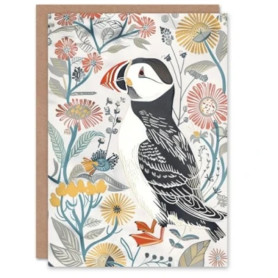 Image of Artery8 Greeting Card Cute Puffin Bird and Floral Pattern Design Blank For All Him Or Her Art Birthday