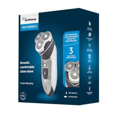 Image of Paul Anthony Pro Series 3 Titanium Mens Cordless Lithium USB Rotary Shaver / Steel Flexible Heads 90 Minute Usage/Washable Head/Comfortable Rubberised Grip Black H5010BK