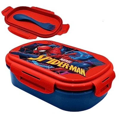 Image of Spiderman Lunch Box with Spork Have Two Compartments BPA Free, Superhero Plastic Snack Box, Food Container for School Kids Sandwich Boys 21cm