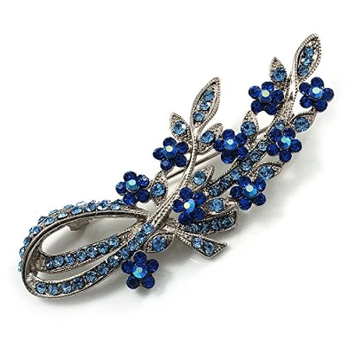 Image of Avalaya Romantic Blue Austrian Crystal Floral Brooch in Silver Tone Metal 75mm L