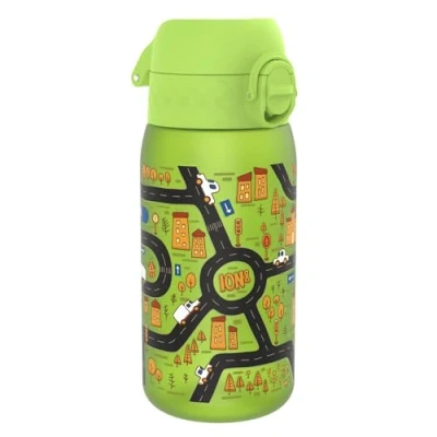 Image of Ion8 Kids Water Bottles, BPA Free, Leakproof, Dishwasher Safe, Easy Open, Secure Lock, Small Boys &amp; Girls Bottle,Kids Drinks Bottle for Spill free Drinking, Green, Auto Cars Drive, 350ml/12oz