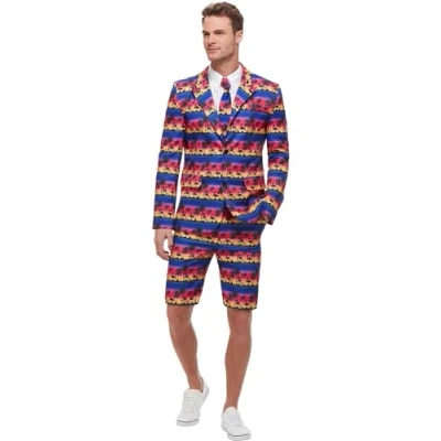 Image of Smiffys Sunset Flamingo Suit, Blue with Jacket, Shorts &amp; Tie, Stand Out Suits Fancy Dress, Comedy Dress Up Costumes