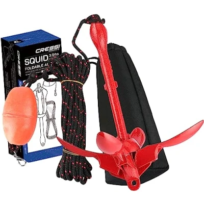Image of Cressi Squid Foldable Anchor Set + 10m of rope with Float and Hooking Carabiner, for SUPs, Kayaks Small Inflatable Boats, Red, Unisex, 1500 gr