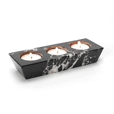 Image of Black Marble 3 Hole Tea Light Candle Holder Lights Included