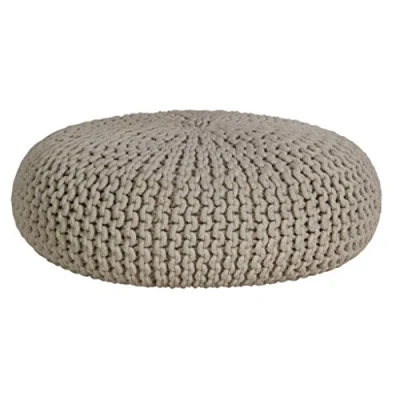 Image of HOMESCAPES Natural Knitted Pouffe Footstool Occasional Seat Bean Filled 100% Cotton for Living Room Children or the Elderly