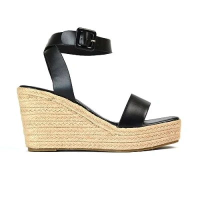 Image of ESSEX GLAM Womens Ankle Strap Espadrille Sandals Ladies Open Toe Mid Wedge Heel Black Platform Shoes Size 7