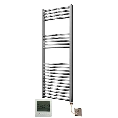 Image of Greened House Extra High Heat Output Chrome Electric Towel Rail 500 x 1200mm Curved Bathroom Radiator Heater Up to 26% More + Timer and Thermostat