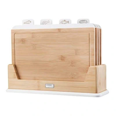 Image of Cooks Professional Index Chopping Board Set of 4 Bamboo Boards with Stand Wooden Cutting Tabs for Fruit &amp; Vegetables, Cooked Food, Raw Meat Fish White