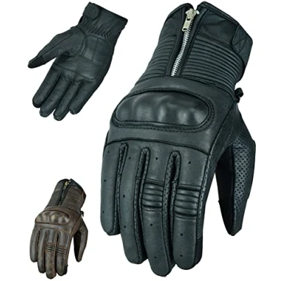 Image of Texpeed Mens Motorcycle Leather Gloves Motorbike Riding Biker Moped Zipped With CE Knuckle Armour Protection Black (S)