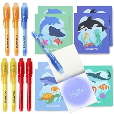 Image of BONNYCO Invisible Ink Pen and Notebook, Pack 8 Sea Animals Ocean Party Bags Fillers, Pinata Toys Birthday Decorations Stocking Fillers for Kids School Prizes, Gifts Children