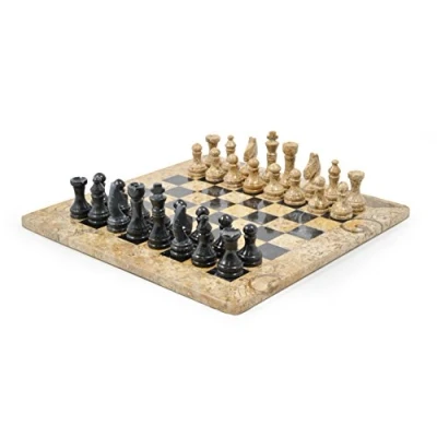 Image of 15&quot; Marble Chess Set Fossilstone &amp; Black