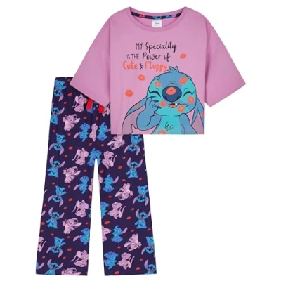 Image of Disney Stitch Girls Pyjamas Set for Kids Teenagers, Comfy Sleepwear Loungewear Gifts (Purple/Navy Stitch, 7 8 Years)