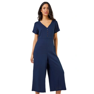 Image of Roman Originals Women Linen Wide Leg Jumpsuit Ladies Spring Everyday Summer Holiday V Neckline Comfy Short Sleeve Soft Button Front Cotton Vacation Playsuits Navy Size 18