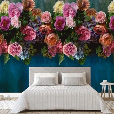 Image of Grandeco Peony Bloom Floral Motif 3 Lane repeatable Wallpaper Mural Blue 2.8 x 1.59m ML6601