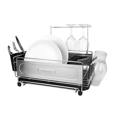 Image of Cuisinart Stainless Steel Dish Drying Rack, Includes Wire Utensil Caddy, Draining Board, Stemware Holder, and Non Slip Cup Holders, 14.4 x 12 6 Steel/Black