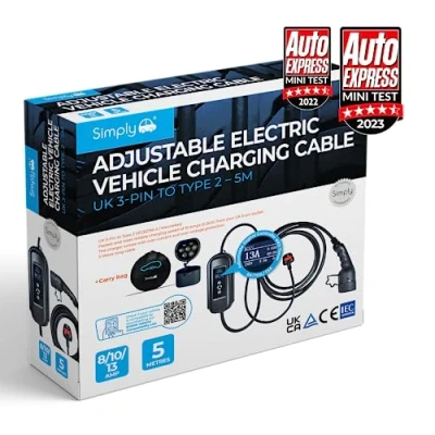 Image of Simply EV009 Premium Adjustable Amperage Electric Vehicle Fast Charging 3.1kW 8/10/13amp Cable UK 3Pin to Type 2 5M Durable and Flexible with Digital Controller Carry Bag