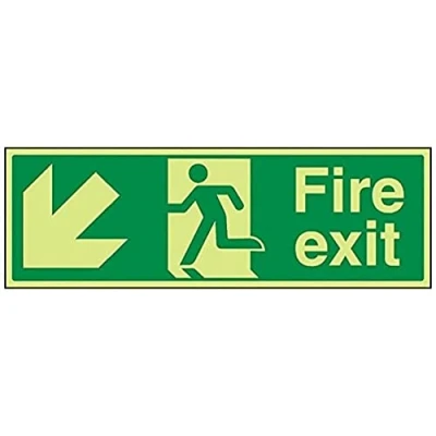 Image of V Safety 14005BJ G Glow In The Dark Fire Exit Arrow Down Left Sign 450mm x 150mm Rigid Plastic, Green