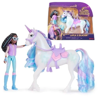 Image of Unicorn Academy, Layla &amp; Glacier Set with 2 Riding Accessories and Hair Styling Tool, Dolls Toys for Girls Aged 4 up