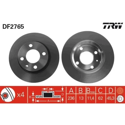 Image of 002415019 Brake disc TRW DF2765 236mm 13mm 4 100mm solid Painted SKODA: Felicia 1, 1 Pickup, VOLKSWAGEN: Caddy 2 Pickup