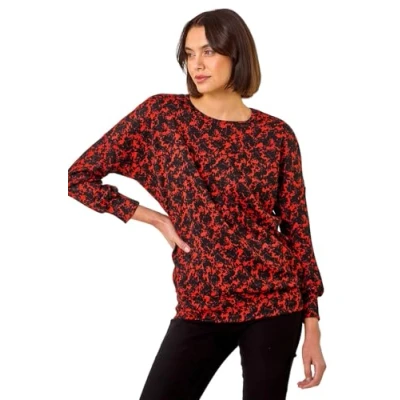 Image of Roman Originals Blouson Top for Women UK Ladies Drop Shoulder Long Sleeve Jersey Stretchy Oversized Casual Office Jumper Soft Everyday Sweater Lounge Sweatshirt Blouses Orange Noir Size 16