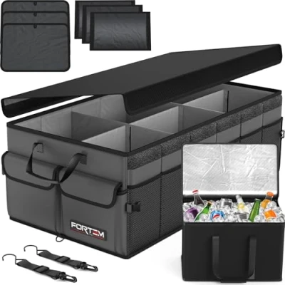 Image of FORTEM Car Boot Organiser, Storage Accessories, Collapsible Multi Compartment Tidy, Non Slip Bottom, Adjustable Securing Straps (Grey, w/Cooler)