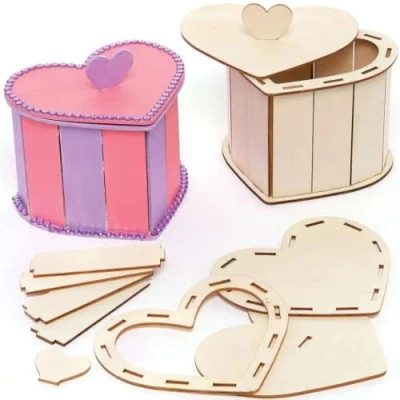 Image of Baker Ross Heart Wooden Box Kits Pack of 3, Wood Valentines Crafts for Children (FC431)