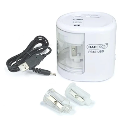 Image of Rapesco 1448 PS12 USB Automatic/Electric Pencil Sharpener with or Battery (not Included) Charging, White