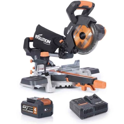 Image of Evolution Power Tools R185SMS Li Cordless Sliding Mitre Saw, 45 Bevel, 50 Mitre, 850W includes 4Ah Battery &amp; Charger, 185MM TCT Blade, 3 Year Warranty, Black/Orange, (064 0001A)