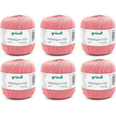 Image of Gründl Wool Crochet Yarn 100 100% Cotton 6 x 100g Balls Needle Size 1.5 2 / 566m Thin for Salmon