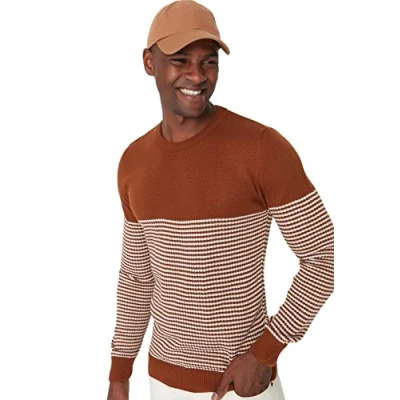 Image of Trendyol Men&#039;s Crew Neck Striped Slim Sweater Sweatshirt, Camel, S UK