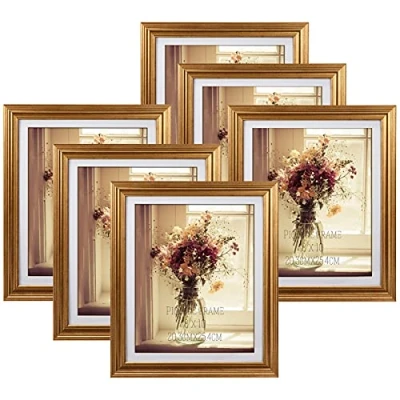 Image of RLAVBL 8x10 Photo Frame Set of 6, Gold Frames for Wall or Tabletop Display 10x8 Pictures with Mat 9x11 Without