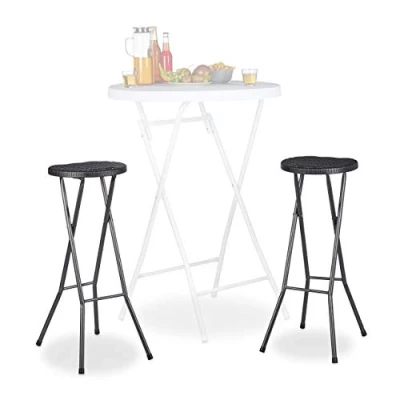 Image of Relaxdays BASTIAN Folding Bar Stools Set of 2, Waterproof, 80 cm Tall, Breakfast Chair Double Pack, Plastic, Counter Seat, Black