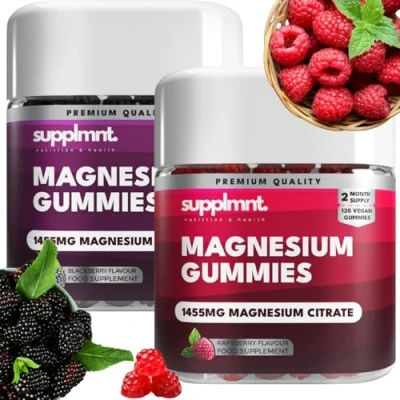 Image of supplmnt. Magnesium Gummies for Adults 120 BlackBerry &amp; Raspberry Vegan 1455 Milligram of Citrate Offering 160 Gluten Free Supplement Women Men