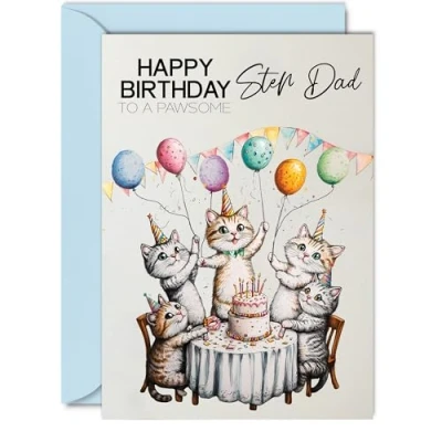 Image of Step Dad Birthday Card Pawsome Party Cats Balloons Happy for from Son Daughter, A5 Male Cat Bday Greeting Cards