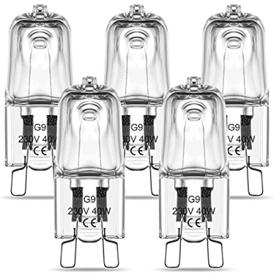 Image of G9 Halogen Oven Bulbs 40W, Clear Capsule Light Warm White 2700K, 230V 300 Degree C Heat Tolerant Cooker Hood Bulb for and Microwave Cooker, 360 Viewing Angle, 5 Pack