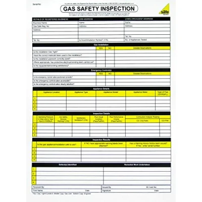 Image of GAS SAFE ENGINEERS SAFETY CHECK INSPECTION CERTIFICATE REPORT SHEET PAD 50 SET BOOK