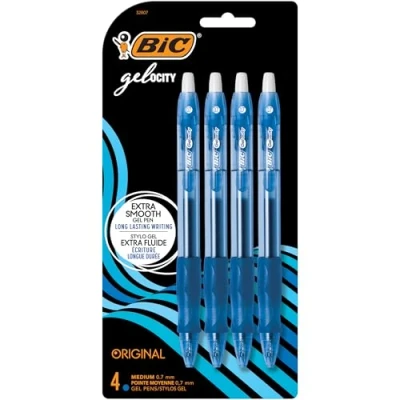 Image of BIC Gelocity Original Blue Gel Pens, Medium Point (0.7mm), 4 Count Pack, Retractable Pens With Comfortable Grip