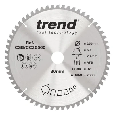 Image of Trend Wood Mitre Saw Blade, 255mm Diameter, 30mm Bore, 60 Teeth, 2.4mm Kerf, 5 Hook, TCT, Fine Finish, CSB/CC25560