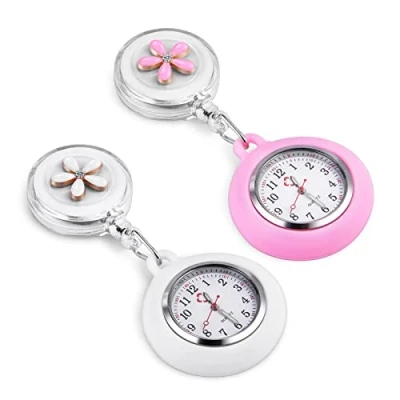 Image of Vicloon Retractable Nurse Watch, 2 Pcs Clip on Hanging Fob Luminous Lapel Watches with Cute Flower Pattern and Silicone Cover for Doctors, Paramedics, Nurses