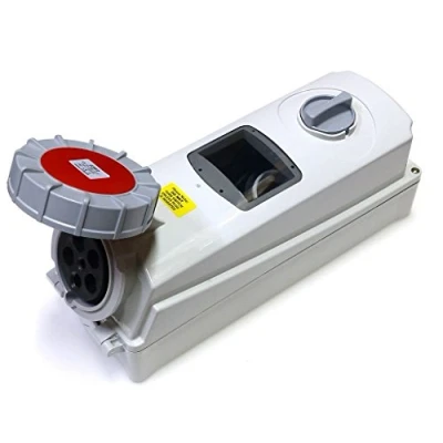 Image of 63 amp Switched Interlock 5 pin Socket with din Rail for MCB RCD etc 380V 415V IP67 3P+N+E Waterproof red Triple Phase Interlocked Connector 63A