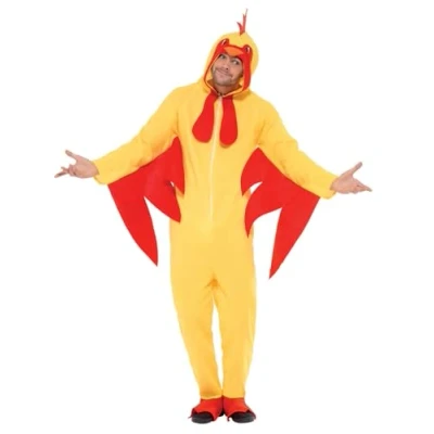 Image of Smiffys Chicken Costume, Yellow with Hooded All in One, Party Animals Fancy Dress, Animal Dress Up Costumes