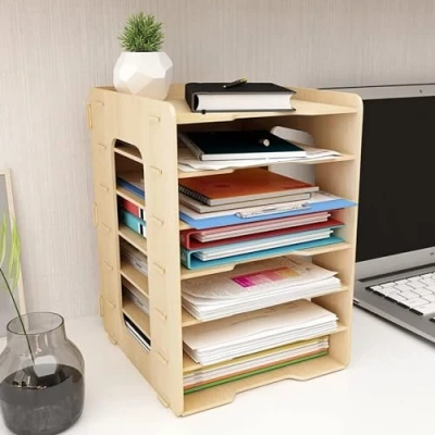Image of PUNCIA 7 Tiers Lengthways Wood Office Paper Organizer for Desk Desktop File Holder Stackable Letter Tray A4 Sorter Document Book Magazine Mail Storage Shelf Rack Literature