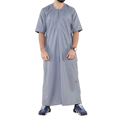 Image of Mens Thobe Jubba Islamic Clothing Kaftan Half Sleeve Robe Moroccan Arab Zipped Grey XL 58